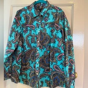 TALBOTS Women’s Bright blue Paisley button down blouse size 2X EUC